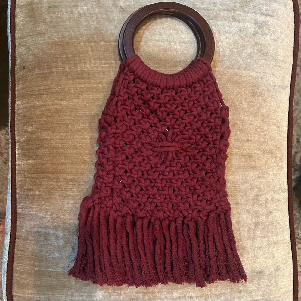 Boho Handmade Macrame Purse With Wooden Handle Maroon Tassels